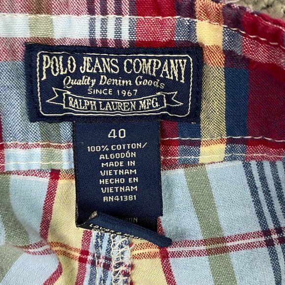 Ralph Lauren Polo Jeans Company Plaid Cargo Shorts Men's 40 Red Blue Madras - Picture 6 of 11